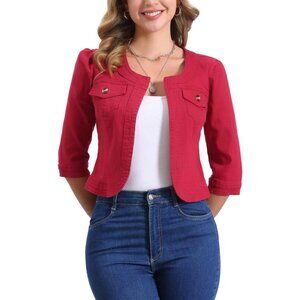 Women's Jean Jacket Slim Fit Casual Denim Jacket 3/4 Sleeves Outwear Red